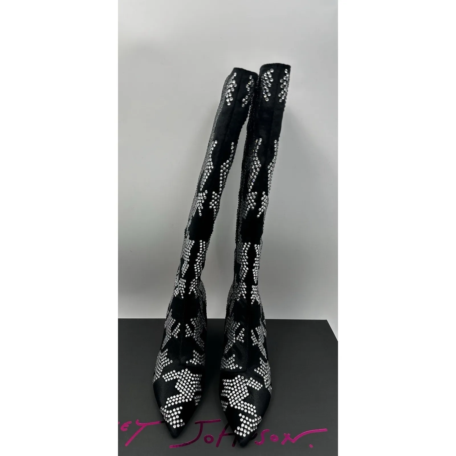 Betsey Johnson Naomi Black Silver Rhinestone Knee High Boots 6.5 New In Box - Image 2