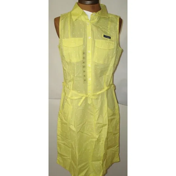 NWT New Womens Columbia Yellow Blue White Dot Dress PF M Pockets Cotton Rod Logo - Image 2