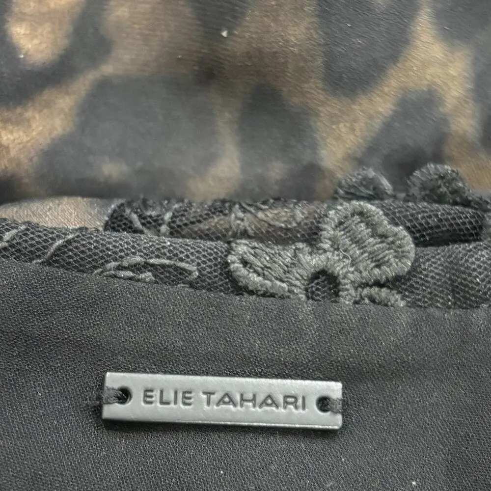 Elie Tahari Size S Anderson Black Lace + Leopard Print 100% Silk Button Blouse - Image 3
