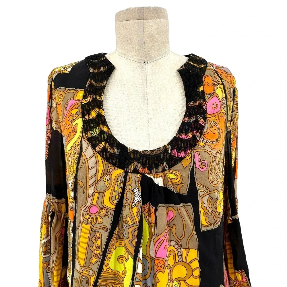 Trina Turk Mod Style Silk Abstract‎ Bell Sleeve 60s Dress Size 2 - Image 2