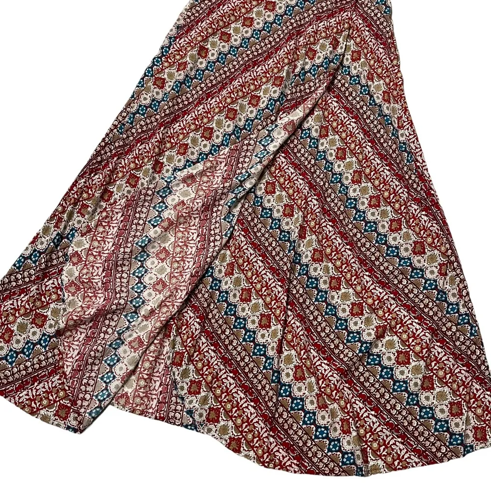 Earthbound Trading faux wrap geometric red, tan, blue boho maxi skirt, Sz M - Image 7