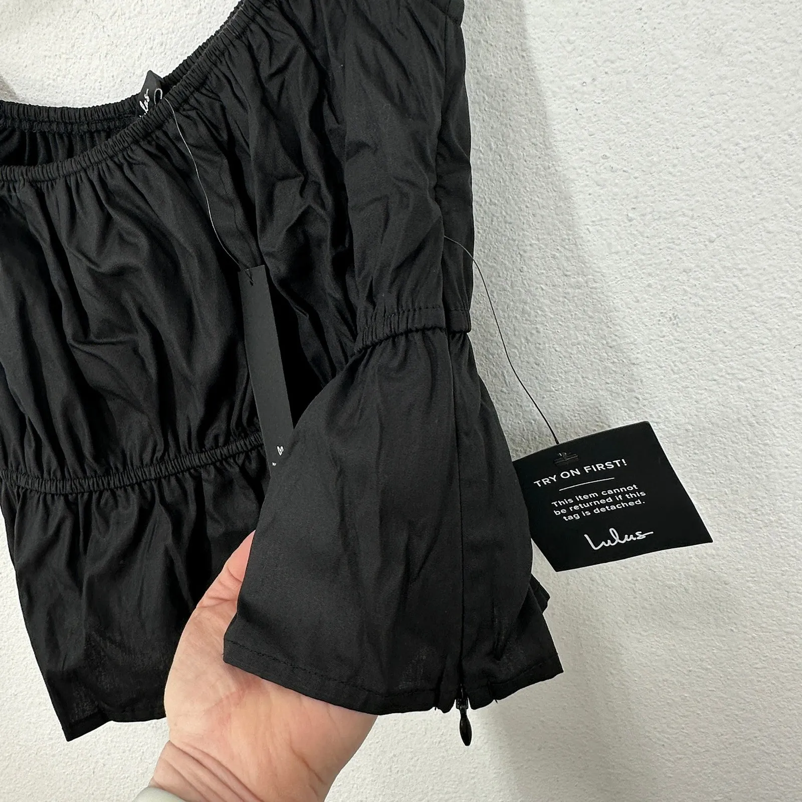 Lulus Black Square Neck Puff Sleeve Cropped Peplum Top Size S NWT - Image 9