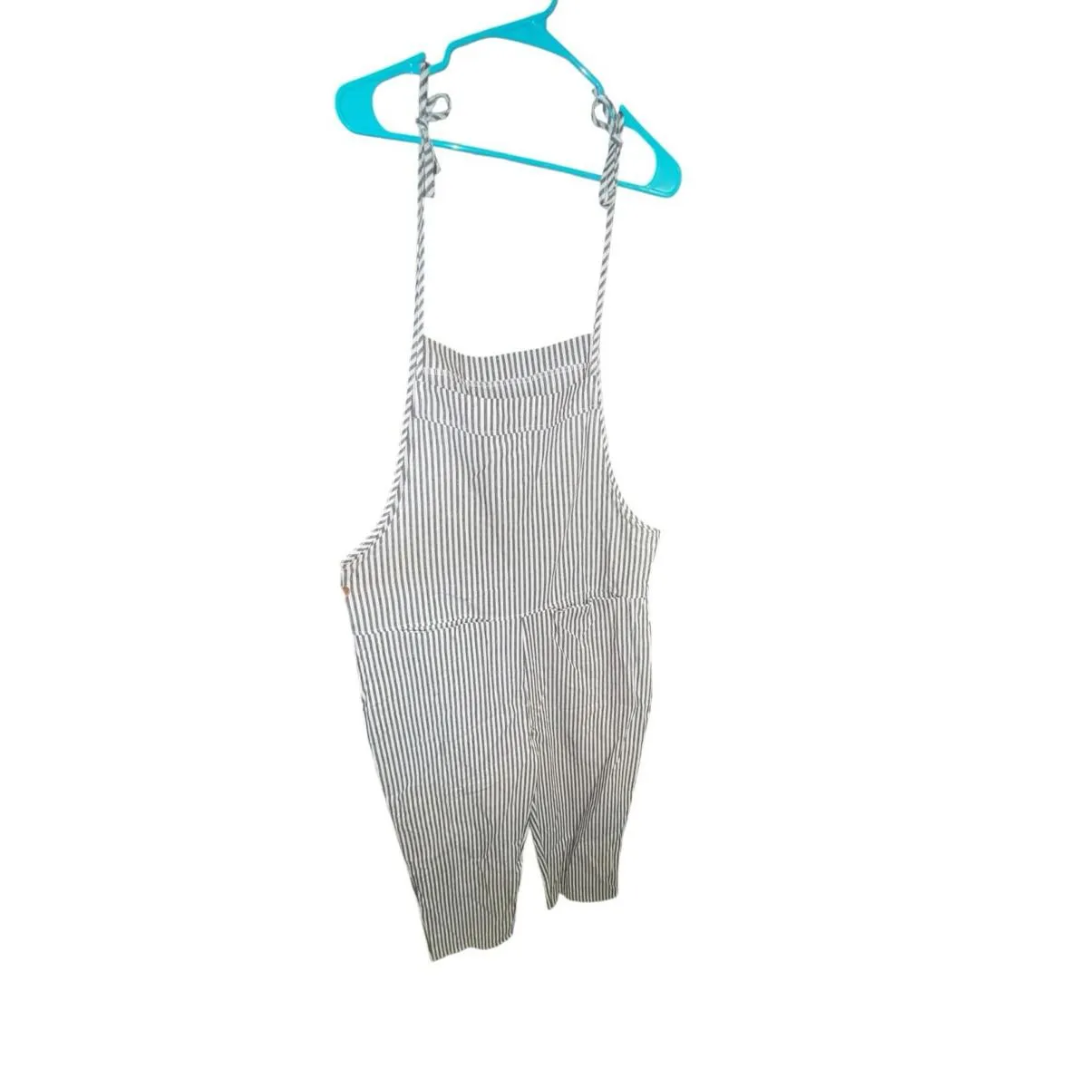 Grey White Stripe Linen Cotton Tie Strap Cropped Overalls Jumpsuit Women’s L Gray Size L - Image 2