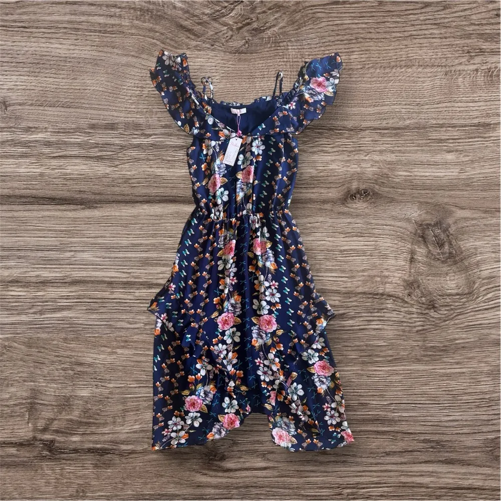 Parker dark blue background with floral print cold-shoulder ruffled sleeves M - Image 2