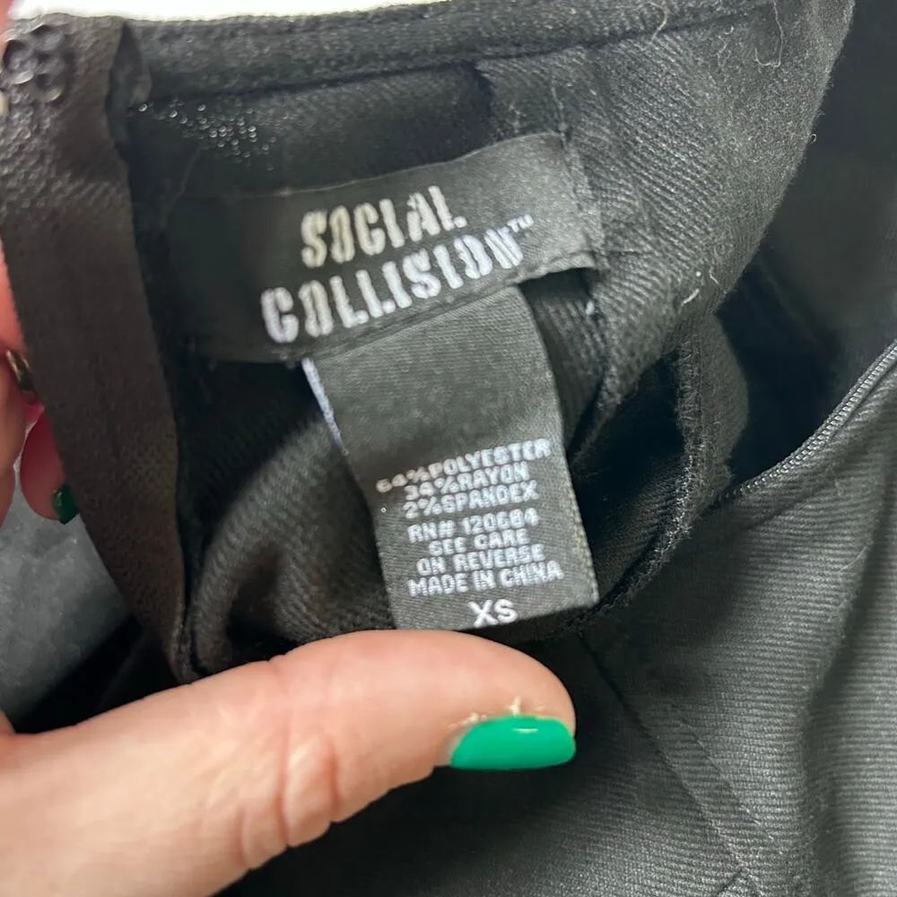 Y2K Gothic Black Pleated Mini Skirt Faux Leather Belt XS Social Collision Goth - Image 3