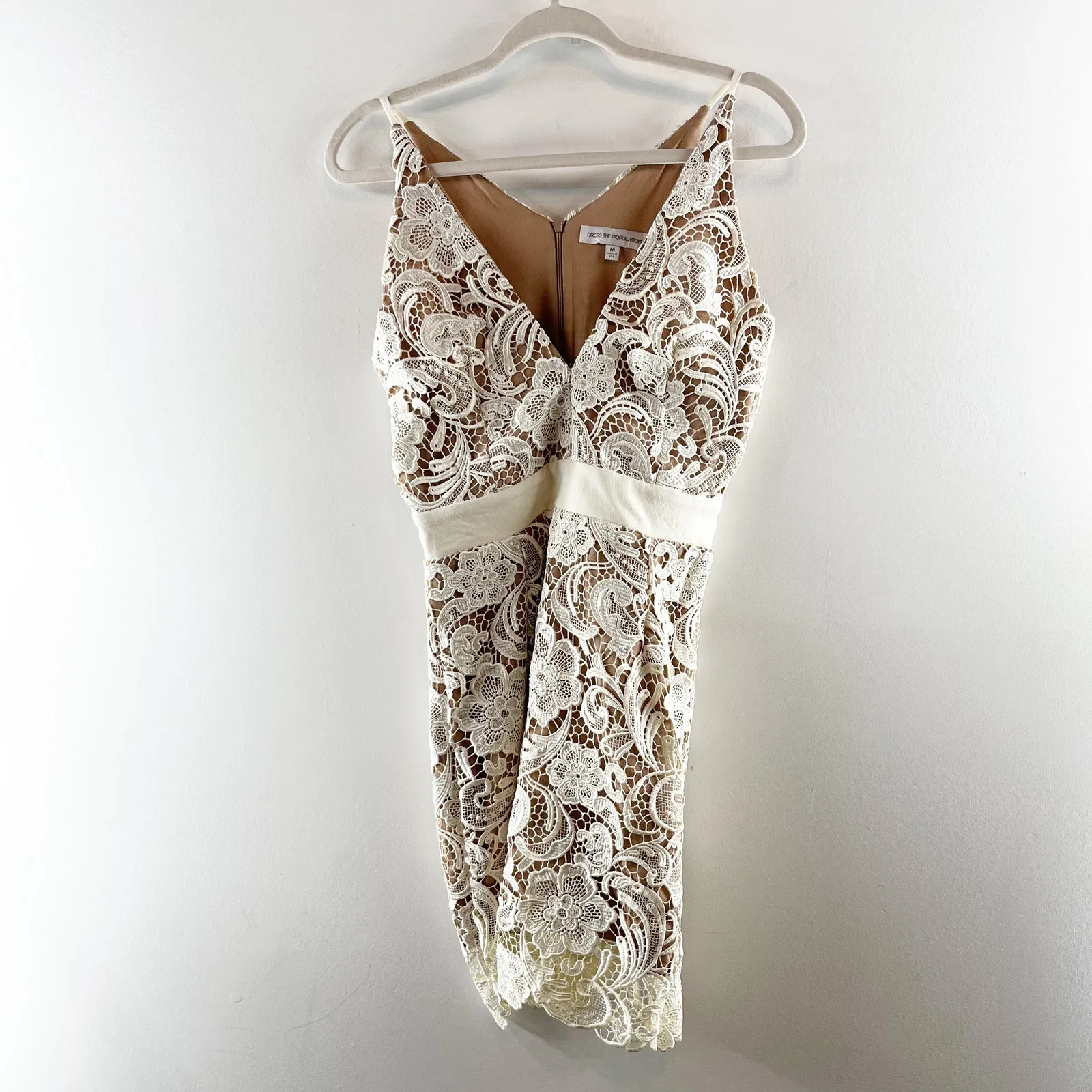 Dress The Population Ava V Neck Lace Lined Mini Dress Ivory Medium - Image 3