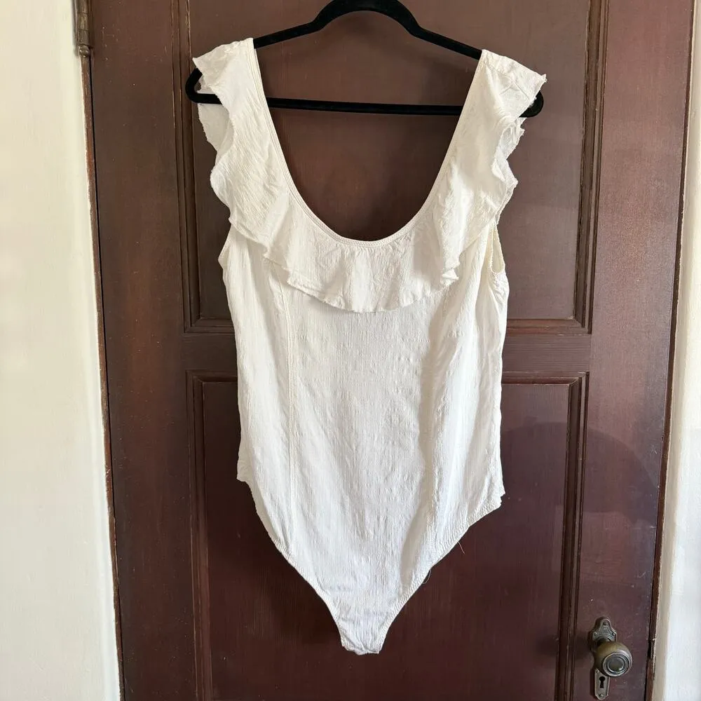 FREE PEOPLE | Intimately White Uh Huh Ruffle Neck Bodysuit | Large - Image 3