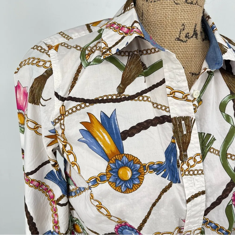 Talbots‎ Long Sleeve Button Front Links & Ribbons Equestrian Cotton Shirt XS - Image 5