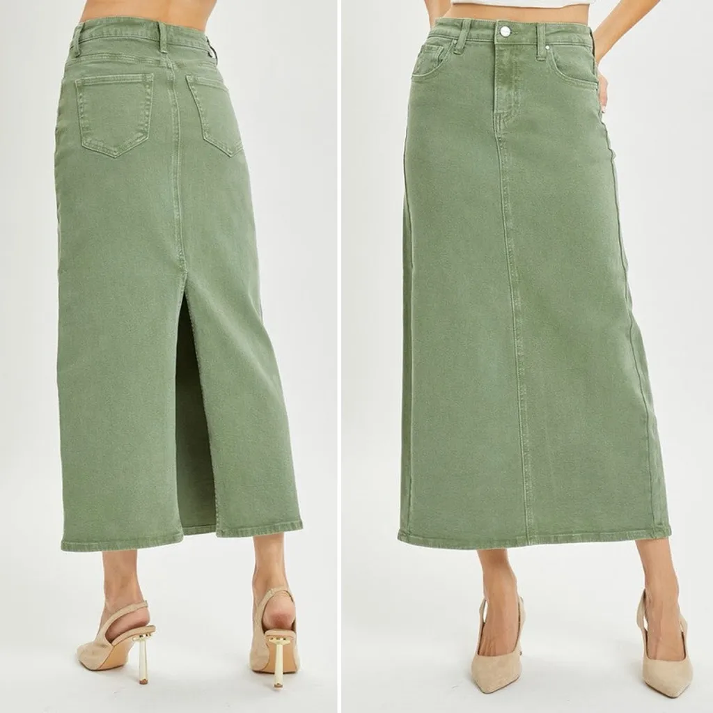 NWT Risen Olive Denim Maxi Skirt Size 1XL High Rise Stretch Midi Long Jean Skirt Green - Image 12