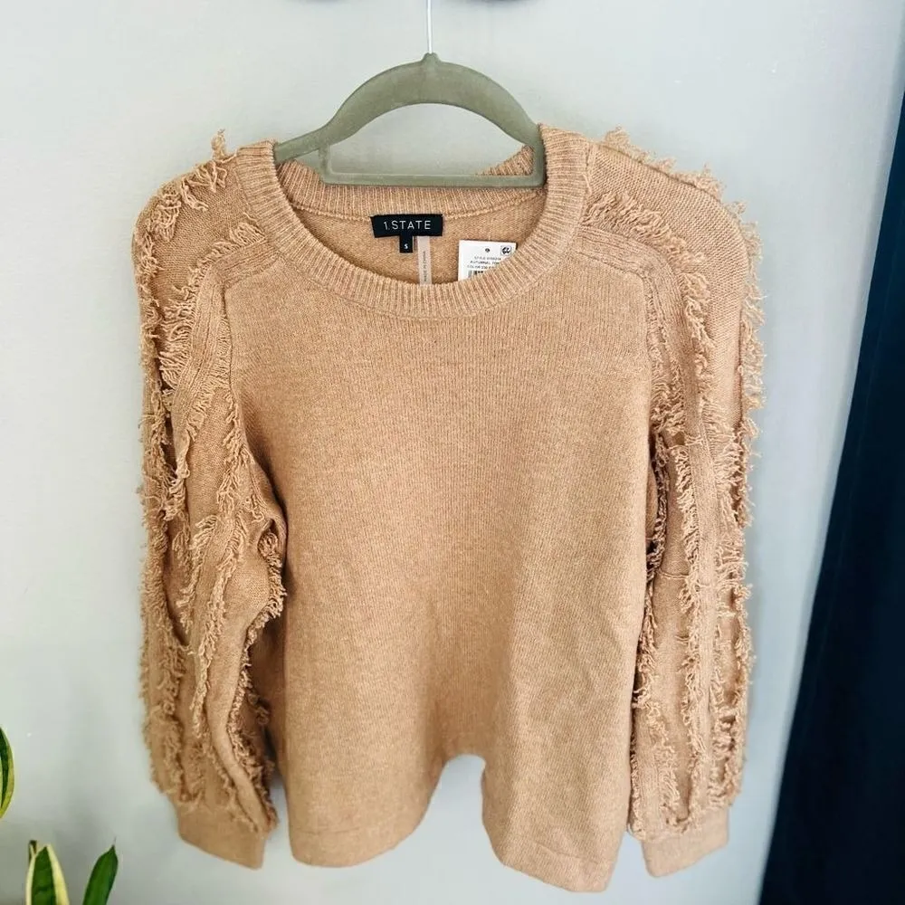 1.STATE Fringe Sleeve Sweater Top, Size Small (4-6), Tan, Wild Oak, Cozy, NWT - Image 5
