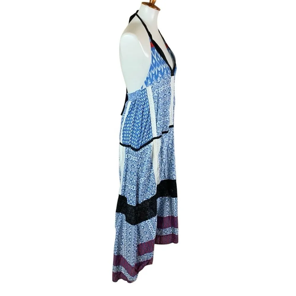 Khaadi Khaas Boho Halter Maxi Dress Blue Patchwork 100% Cotton Small - Image 3