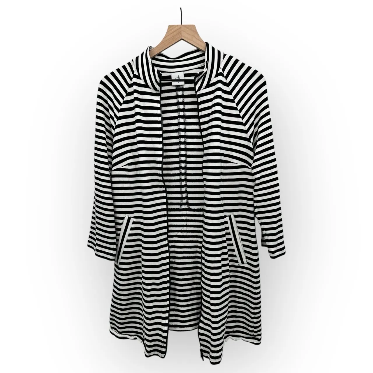 CAbi  Black White Stripe Long Sleeve Front Pockets Open Front Cardigan Medium - Image 2