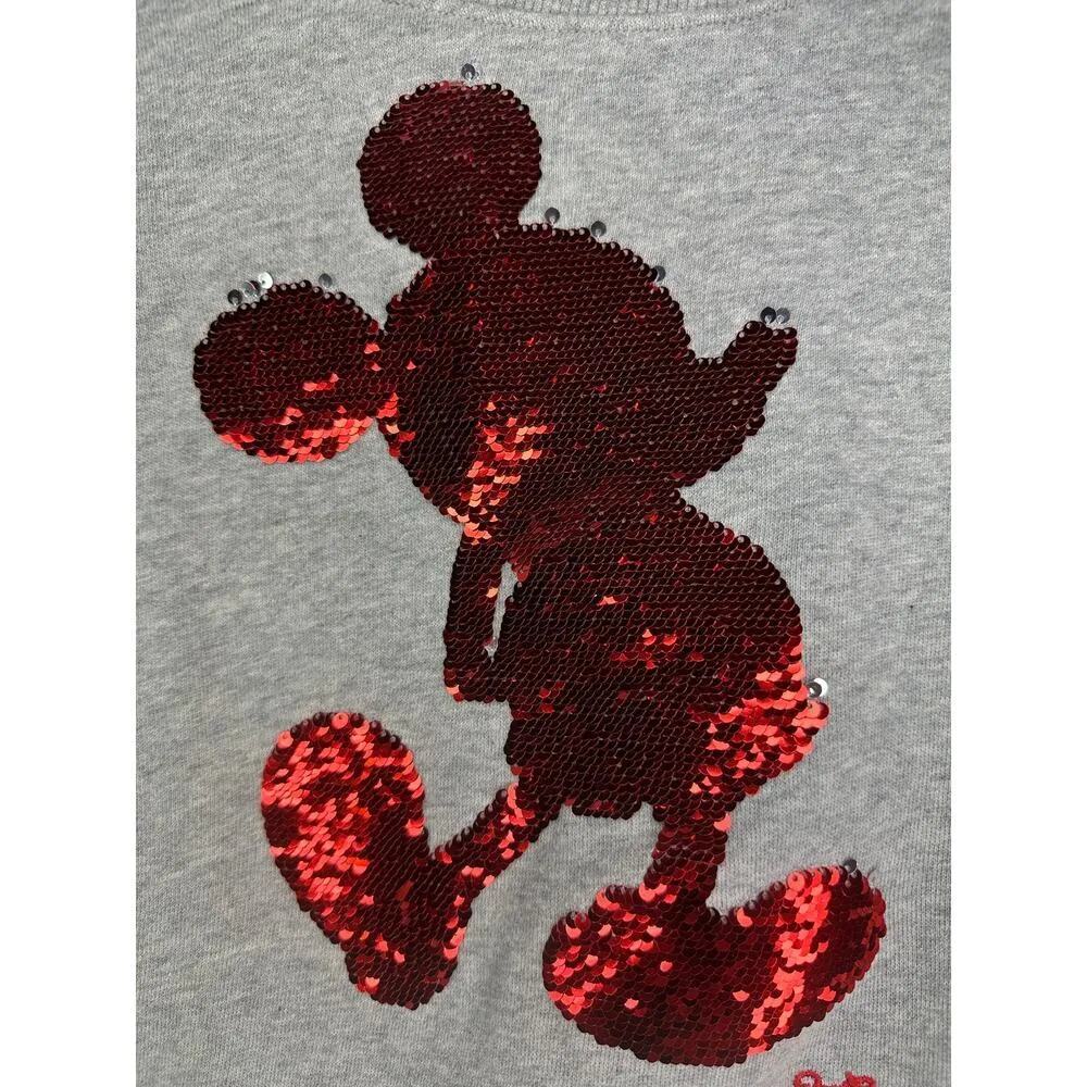 Disney Parks Crewneck Sweatshirt Small Sequin Mickey Mouse Gray Pullover Cropped - Image 3