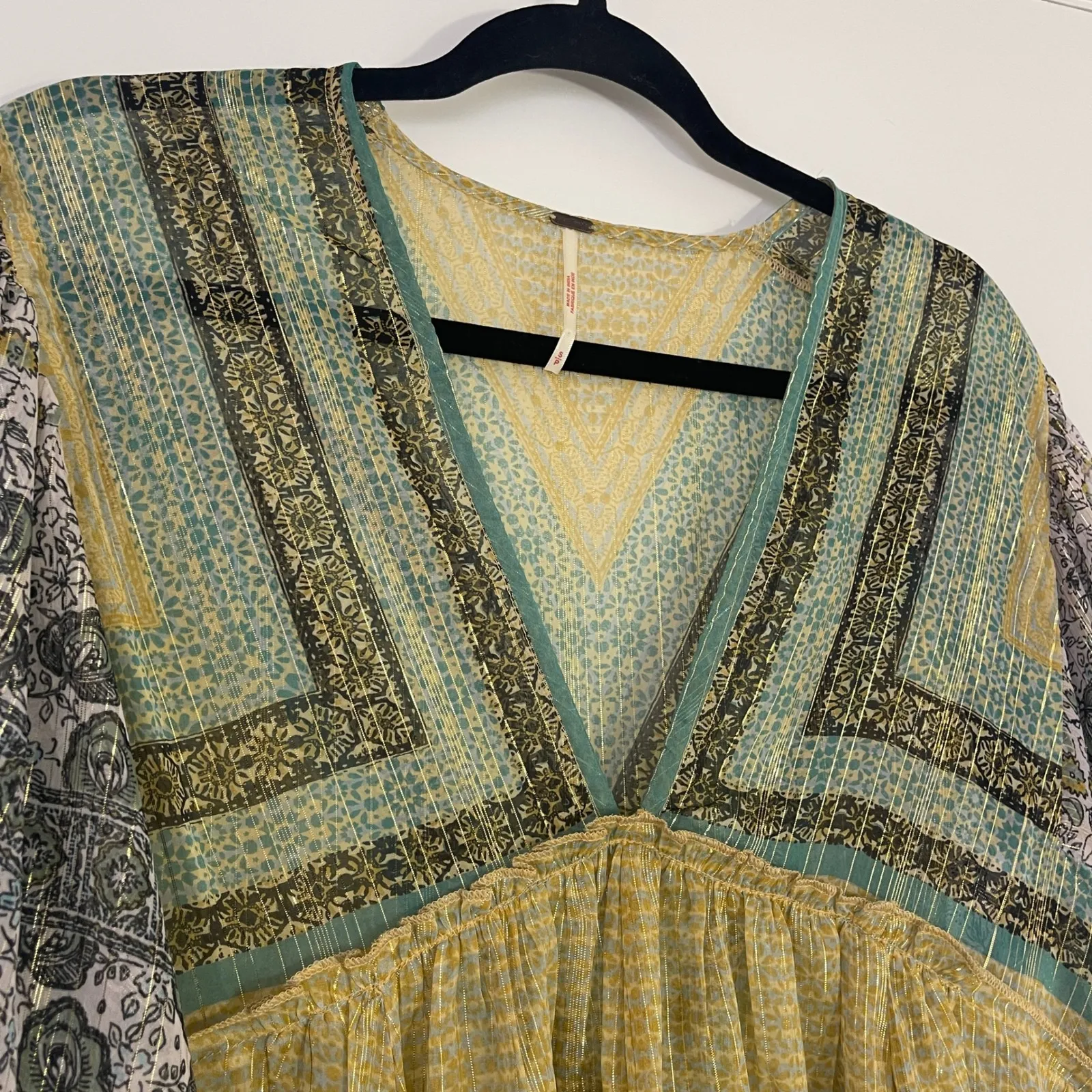 Free People Aliyah Boho Metallic Print Tunic Blouse Yellow Teal Gold Size Small - Image 6