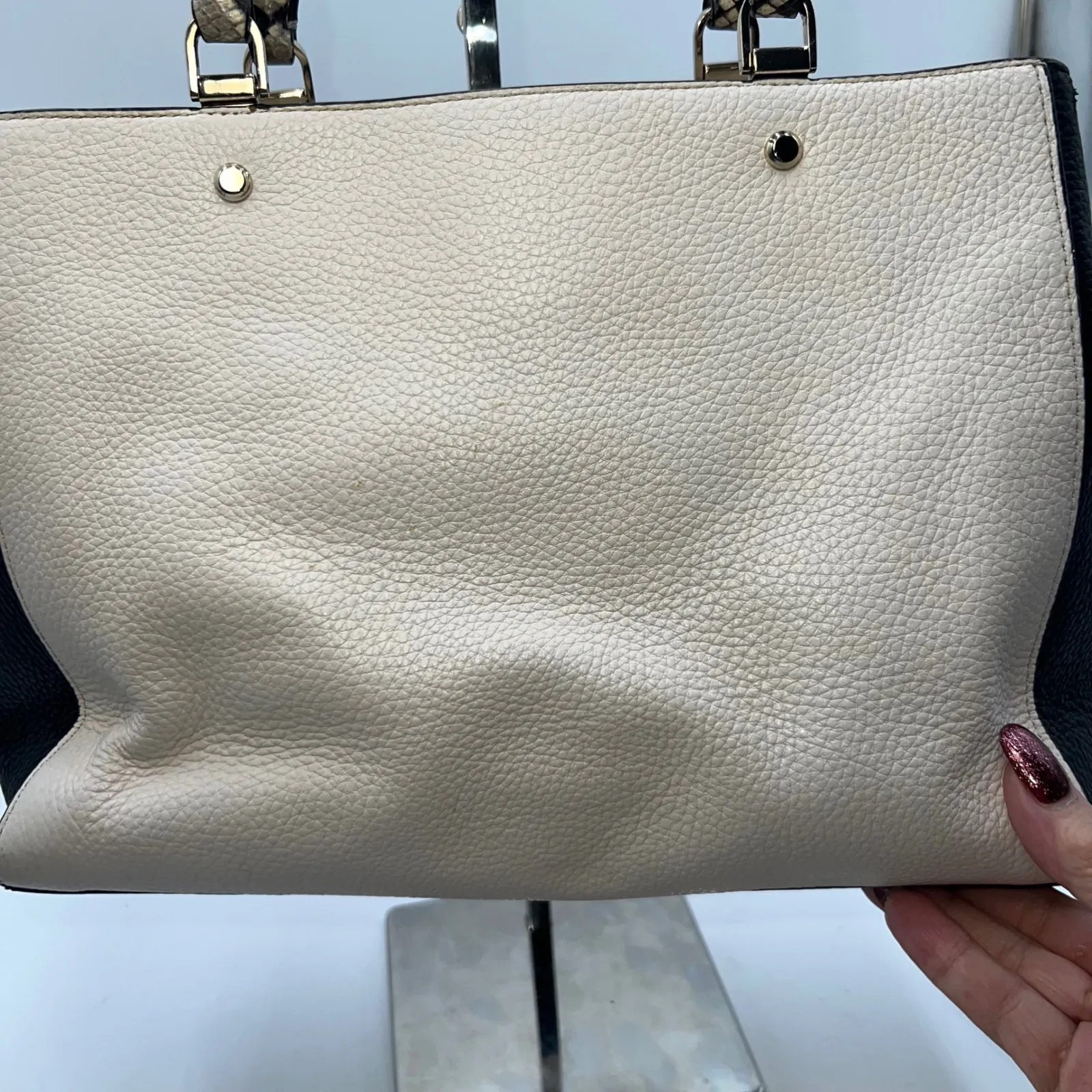 Kate Spade Satchel Crossbody Bag Snakeskin Handles Black Beige Leather Purse - Image 5