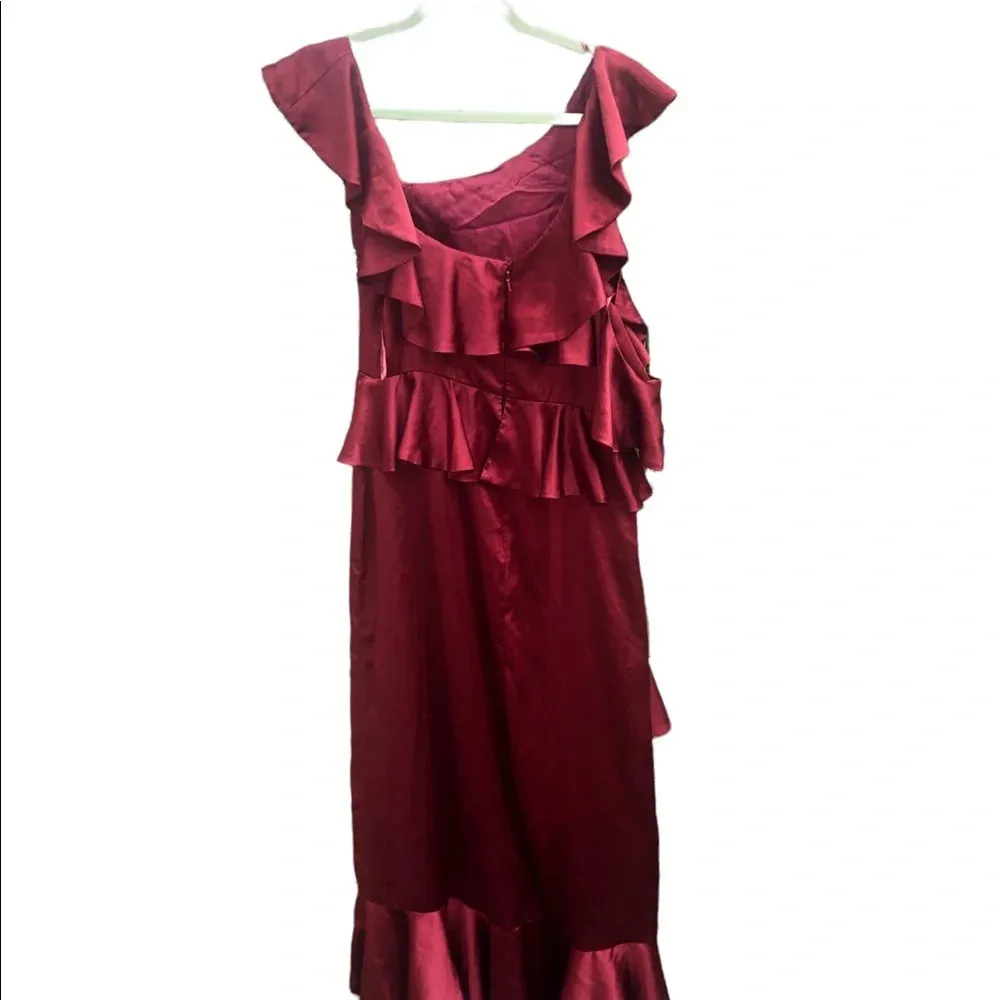AMUR LORELAI BURGUNDY RUFFLE SATIN GOWN Red Size 8 - Image 3