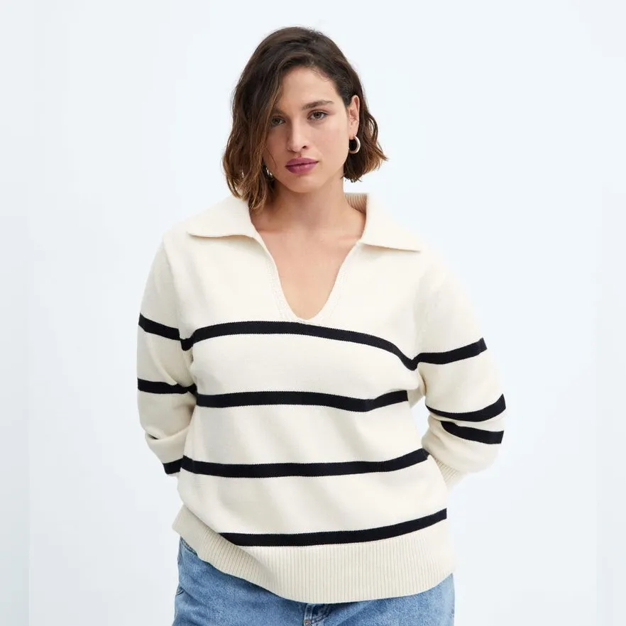 Mango Women's Striped Polo Neck Sweater In Ecru - Image 2