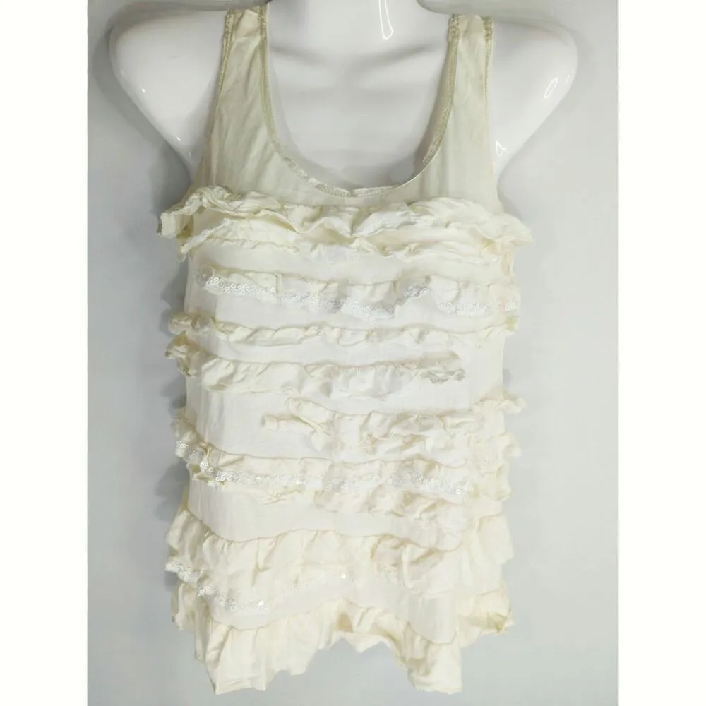 J. Crew Layering Cream Tiered Ruffle Sequin Scoop‎ Neck Tank Top Blouse Size XS - Image 2