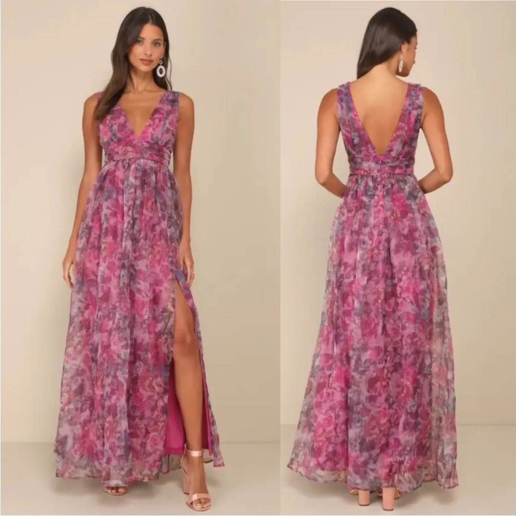 Lulus Garden Romance Magenta Floral Print Organza Maxi Dress Medium Purple - Image 4