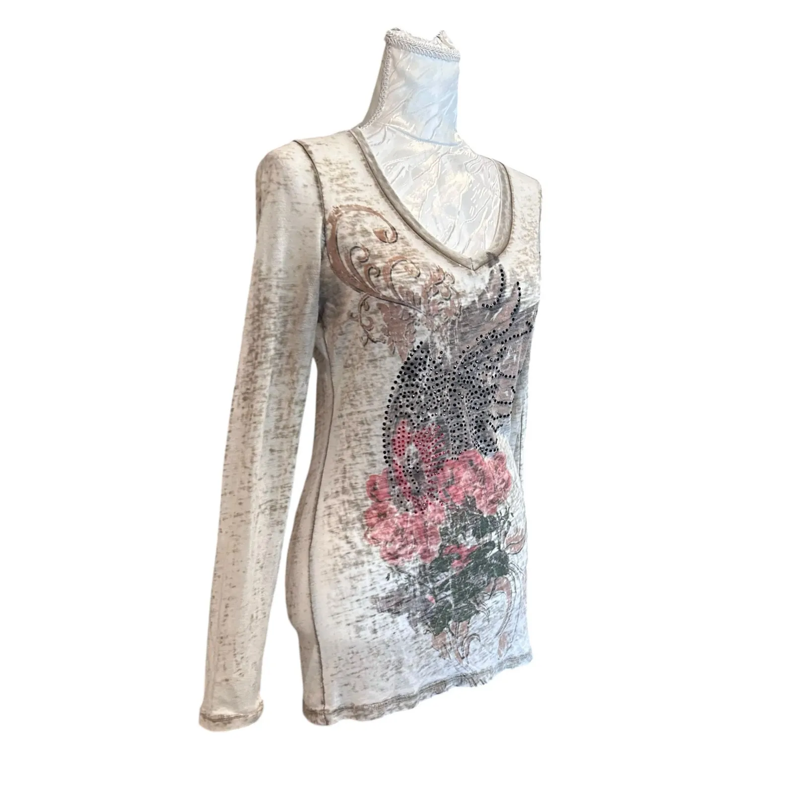 Y2K Rustic Rose Rhinestone Shirt Sheer Grunge Skater Top USA Made Sz Small - Image 3
