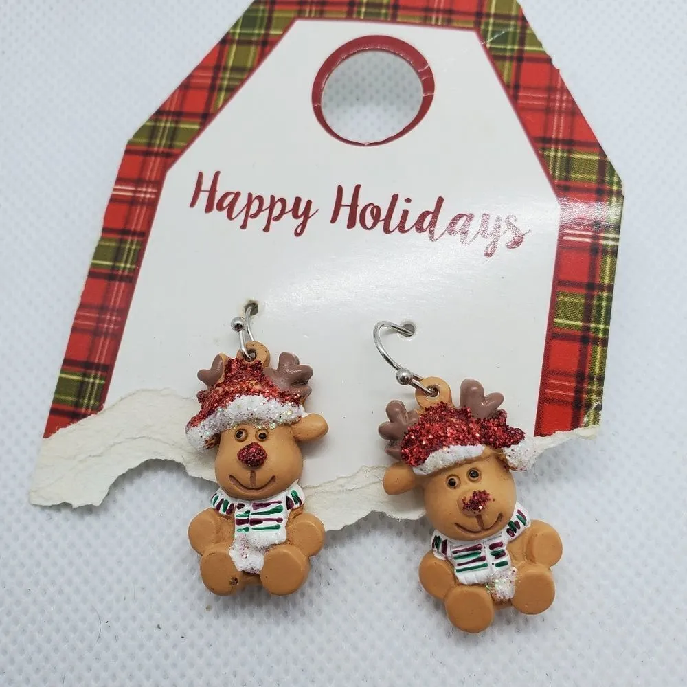 NWT Happy Holidays Christmas Reindeer Earrings Red - Image 2