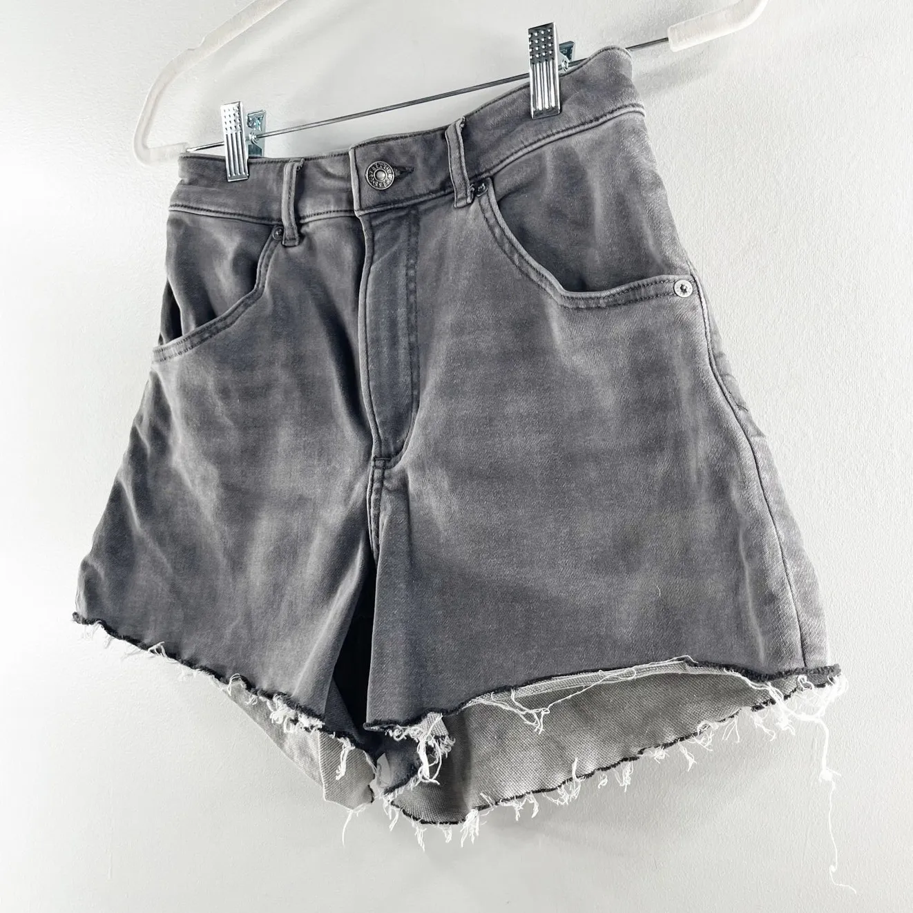 Express Super High Waisted Denim Raw Hem Curvy Jean Mom Shorts Faded Black 6 - Image 6