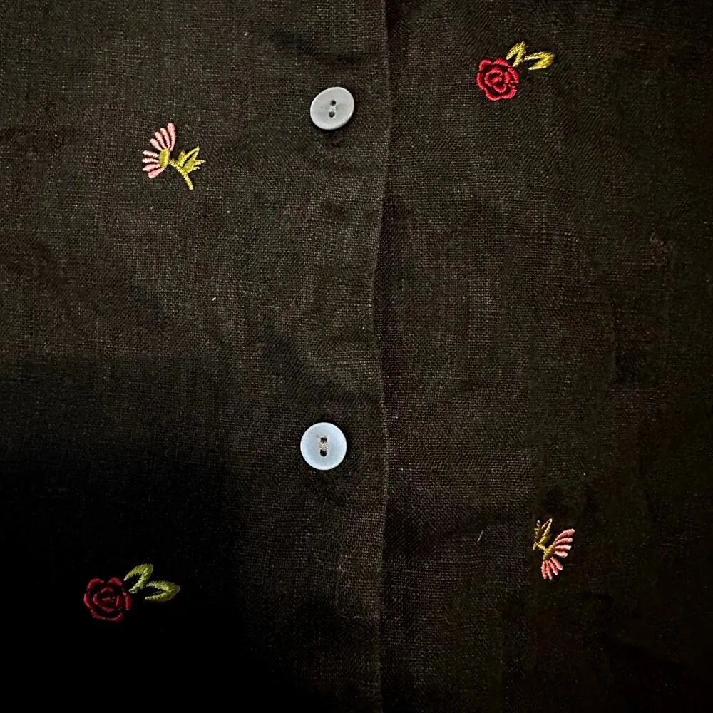 Style&co. Button Up Blouse 100% Linen Embroidered Floral Sleeveless Black 10 - Image 2