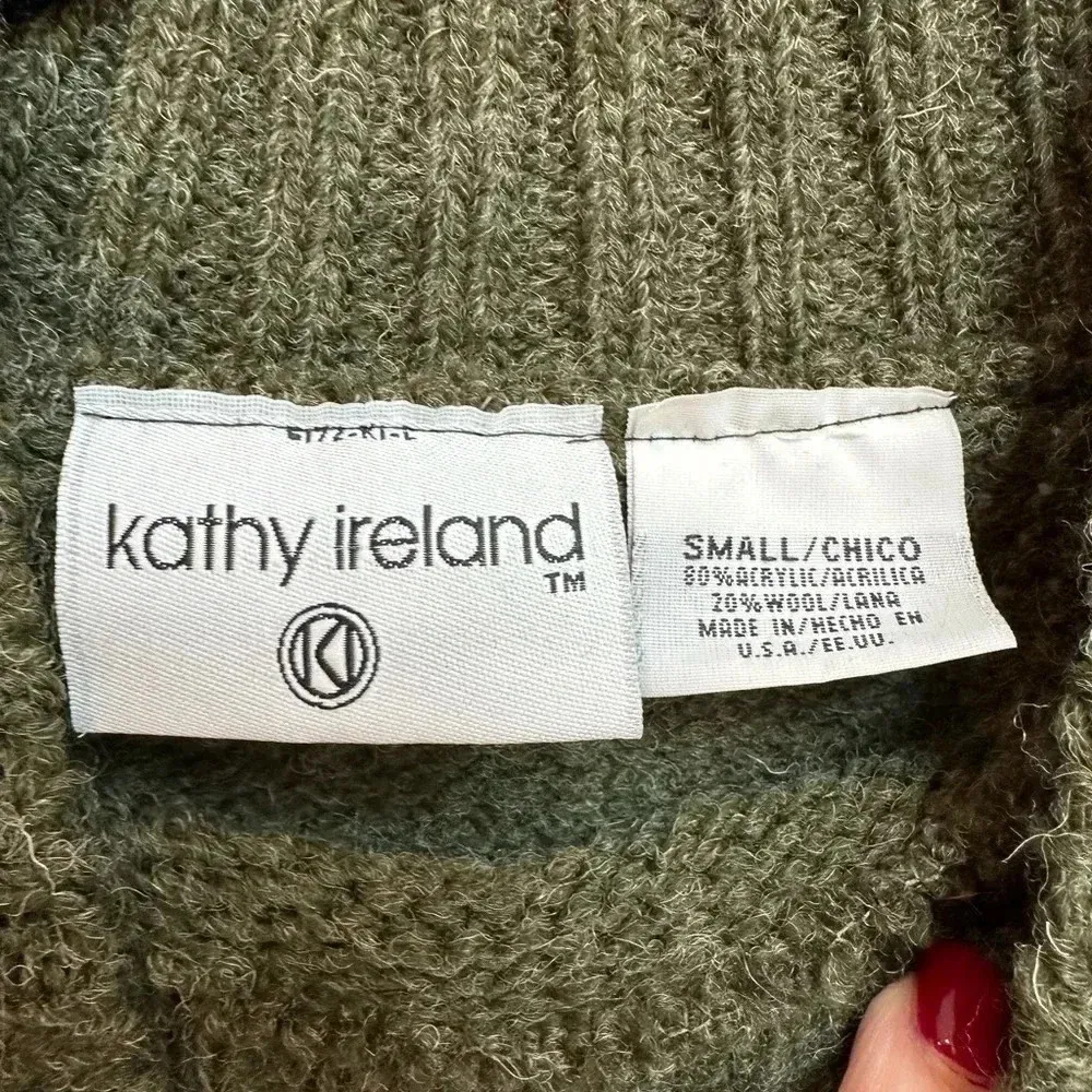 Vintage Kathy Ireland Hunter Green Cream Wool Blend Sweater Size S Small - Image 7
