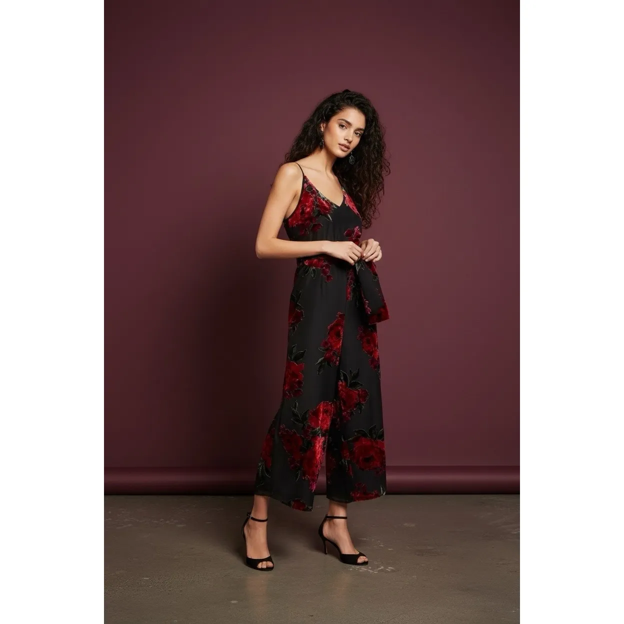 Anthropologie Ett:twa Red Black Floral Velvet Burnout Waisted Jumpsuit Romantic - Image 2