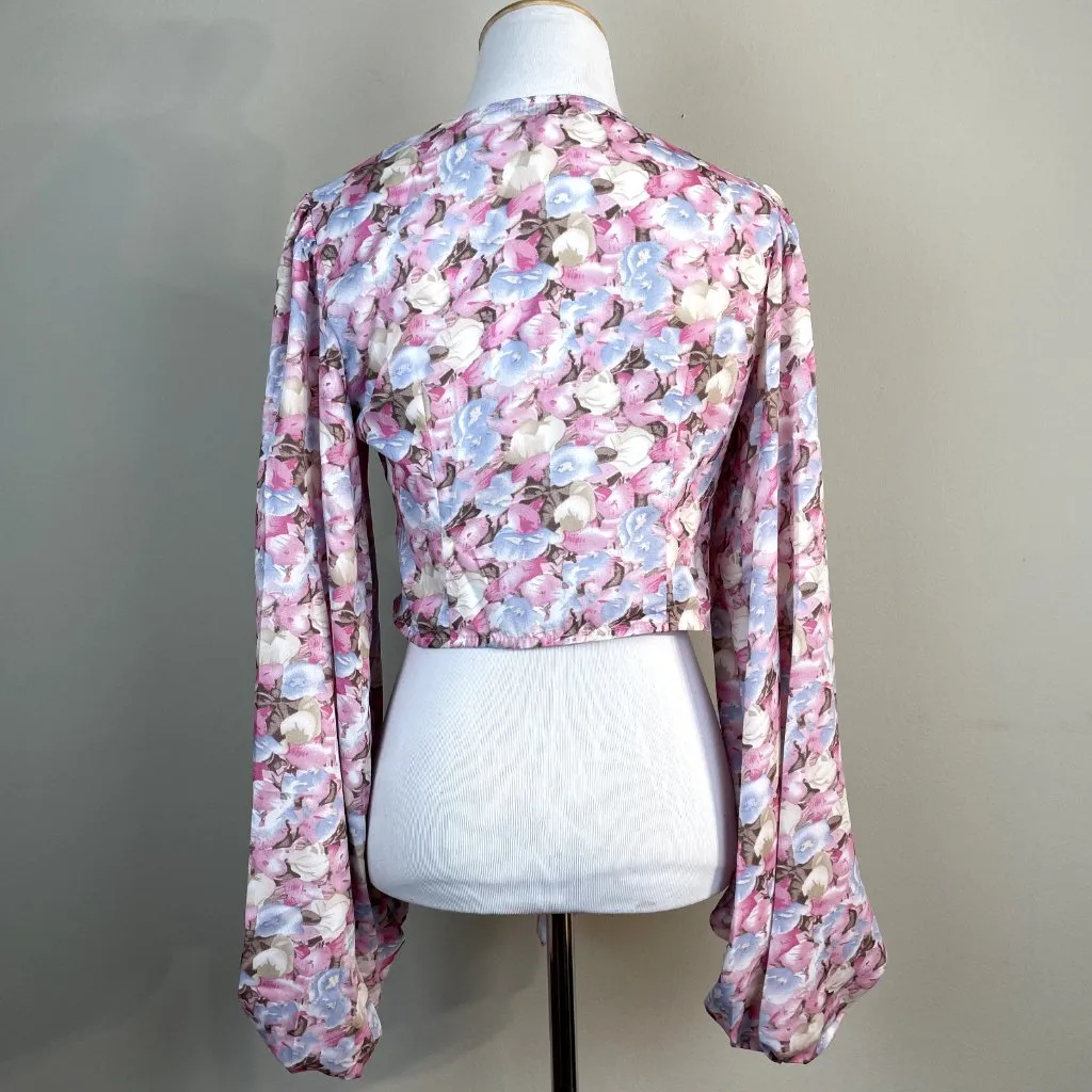 Petal + Pup Kelsey Top Womens 2 Pink Floral Cropped Long‎ Sleeve Tie Topper New - Image 4
