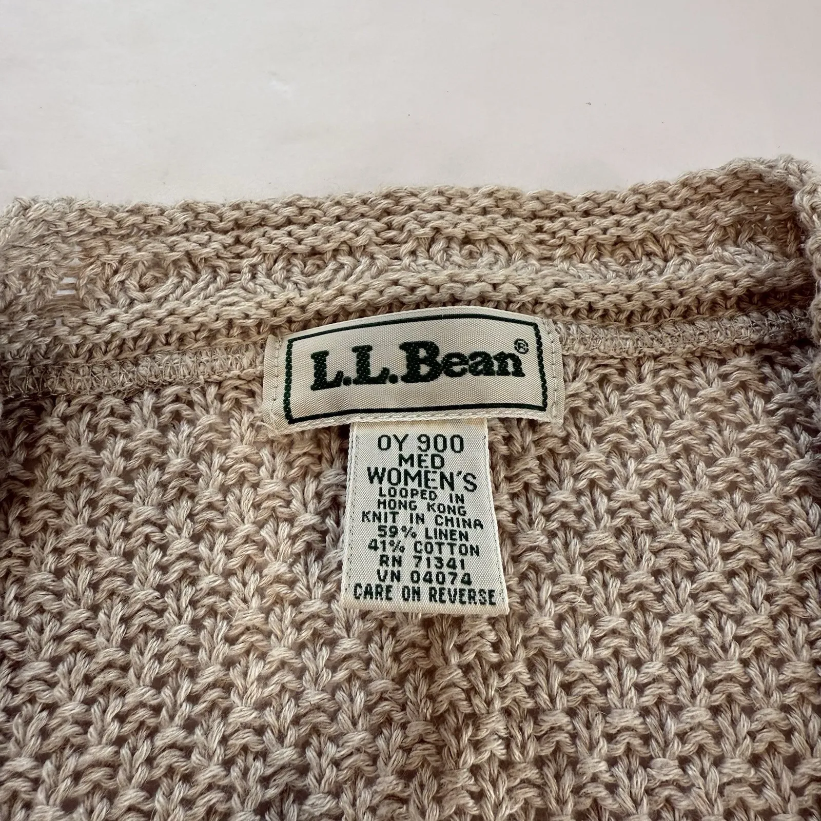 LL Bean Neutral Beige Linen Cotton Button Up Open Stitch Cardigan Sweater MEDIUM Tan - Image 10