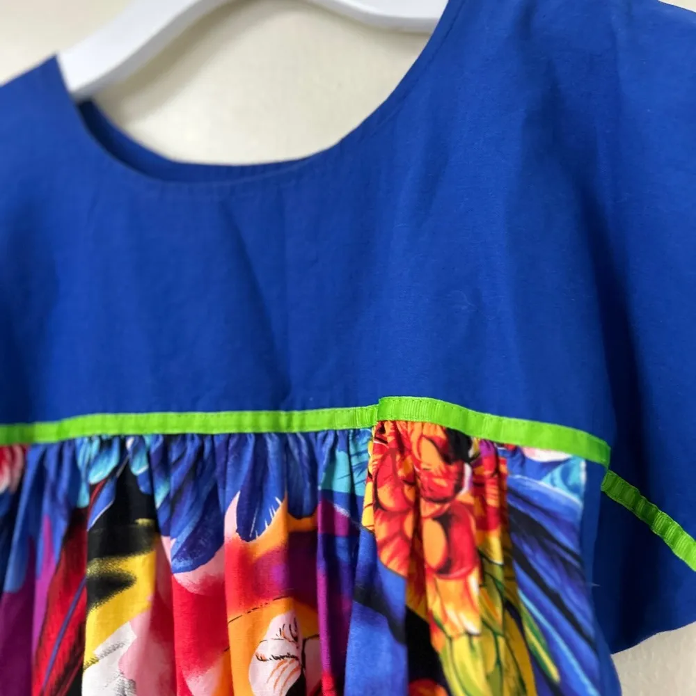 Tropical Parrot Print MuMu Kaftan Dress Tiki Bird‎ size Medium Blue - Image 6