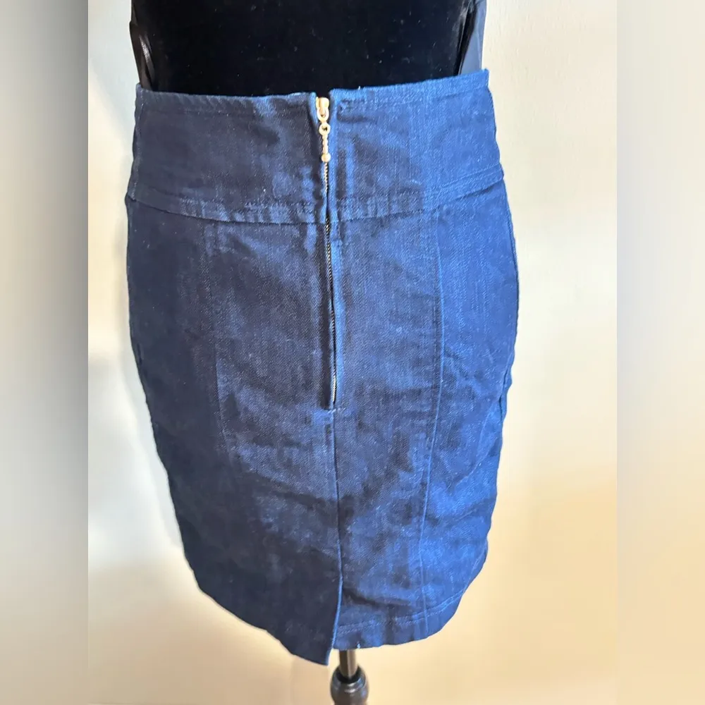 LEIFSDOTTIR Anthro Dark Blue Denim Jeans 12 Gold Button Straight Pencil Skirt 2 - Image 5