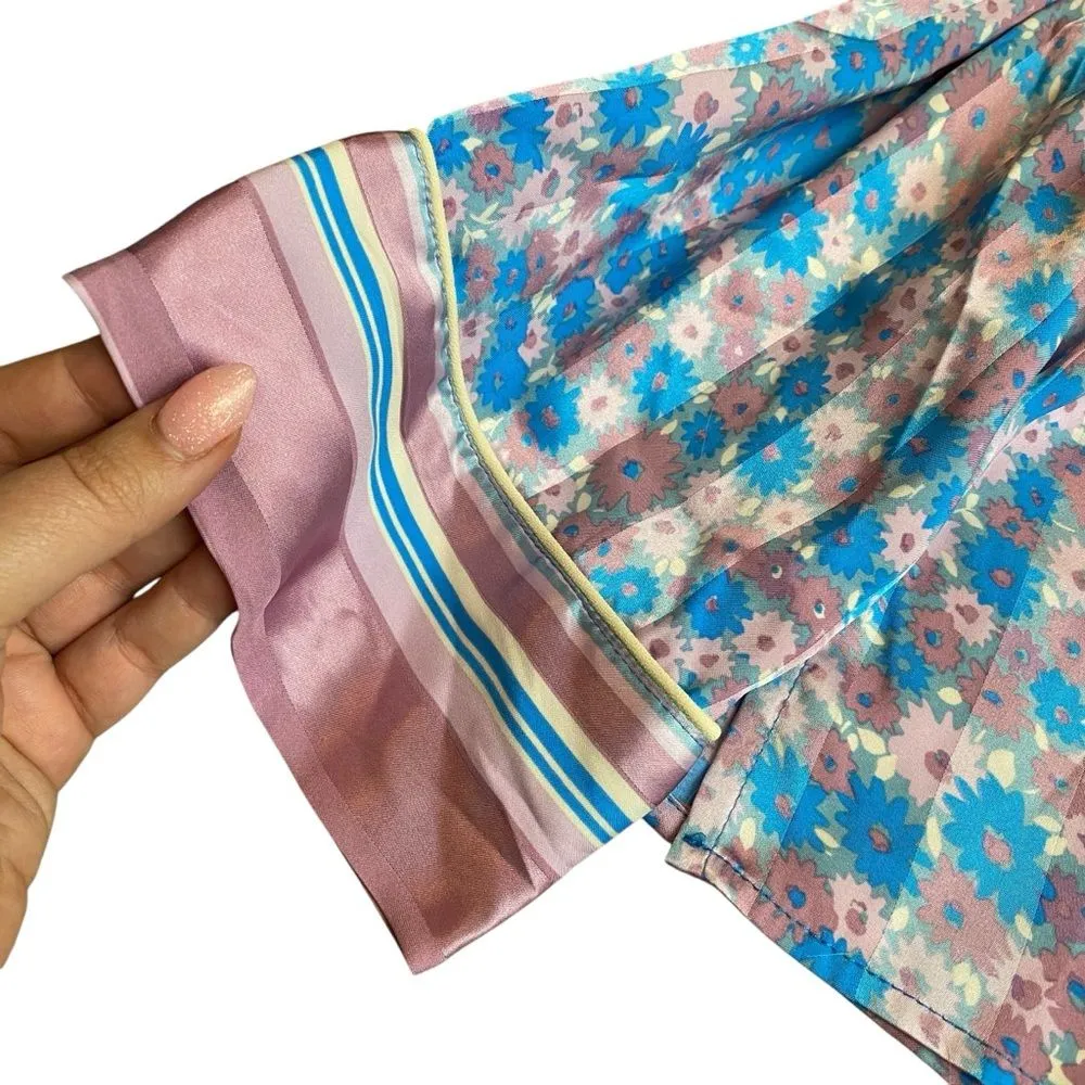 Free‎ People M Pillow Talk Satin Pajama Set Lilac Blue Floral Print Silky New - Image 12