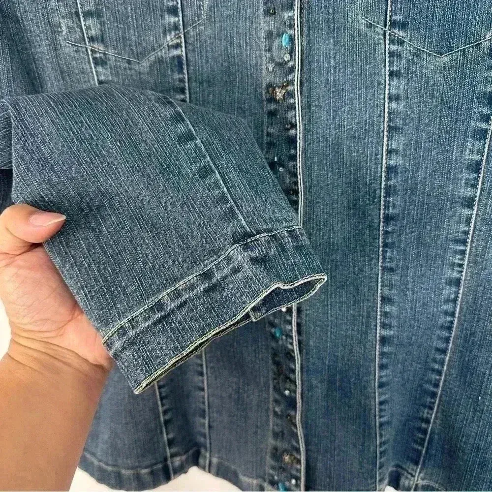 Christopher & Banks Denim Jacket Embroidered Stretch Womens Sz Large Snap Button - Image 5