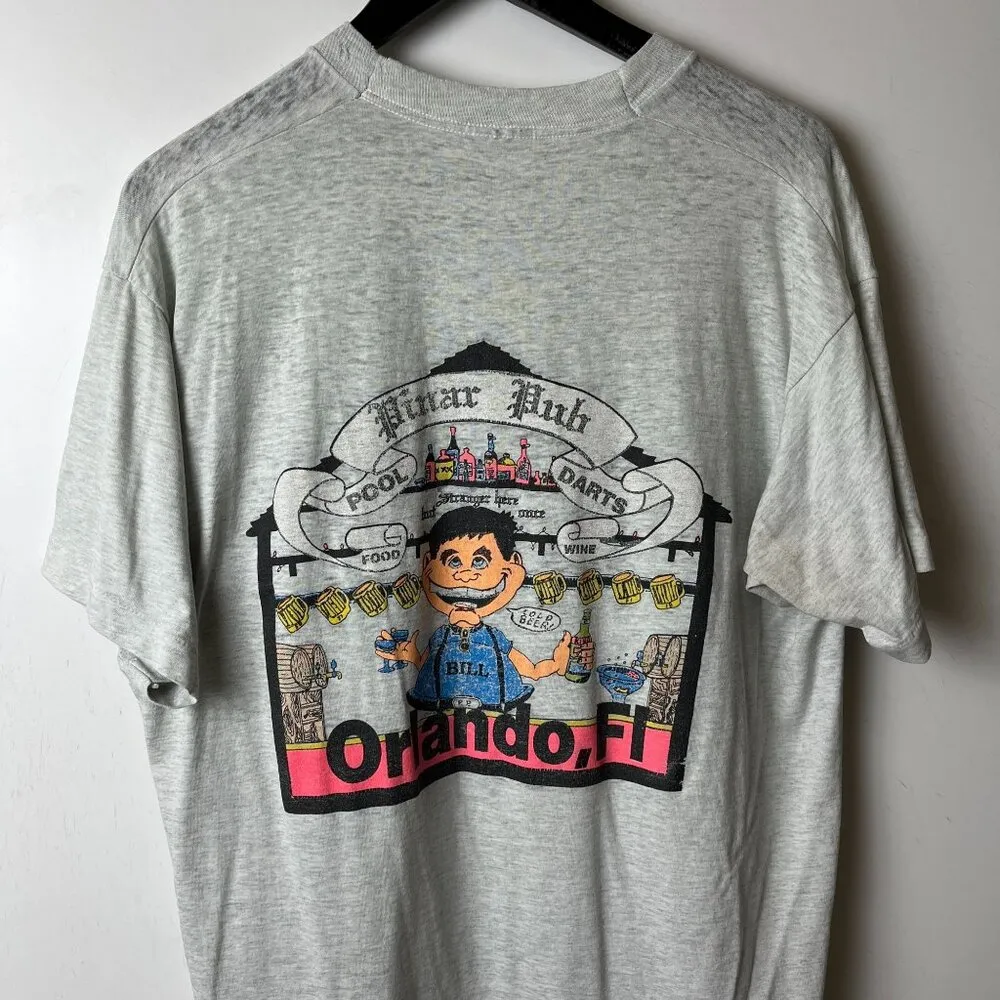 Distressed Vintage 90s Pinar Pub T Shirt Gray Large L Graphic Tee Orlando FL - Image 12