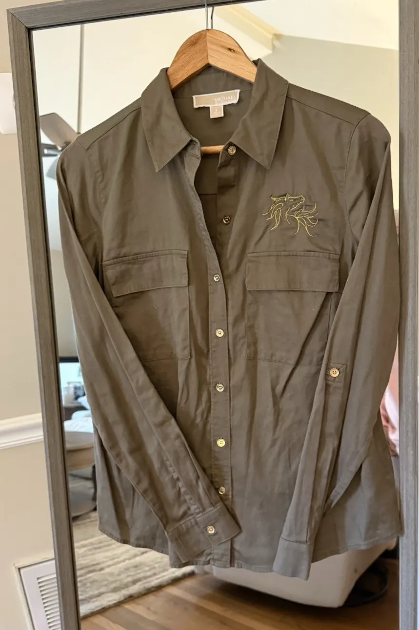 Michael Michael Kors Embroidered Button Down Shirt Brown Equestrian Horse Size 8 Green - Image 1