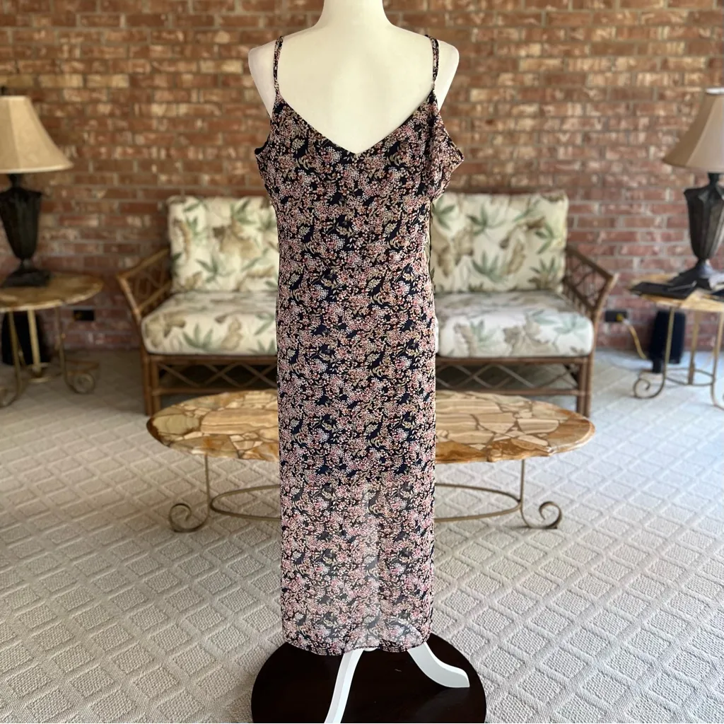 Leith Dress Midi Ruched Blue Floral Ruched Chiffon L Cocktail Party Chic Glam - Image 9