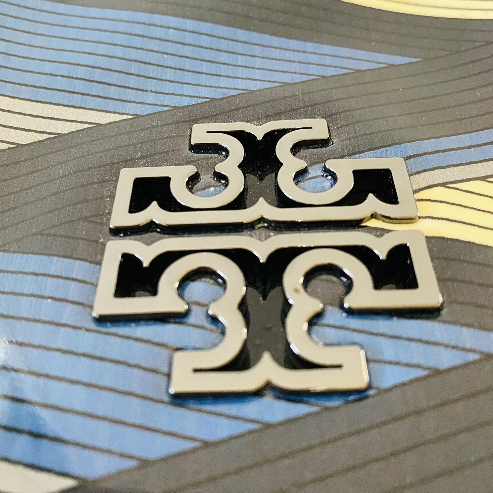 TORY BURCH Blue Black Stripe Patent Leather Shoulder Bag - Image 4