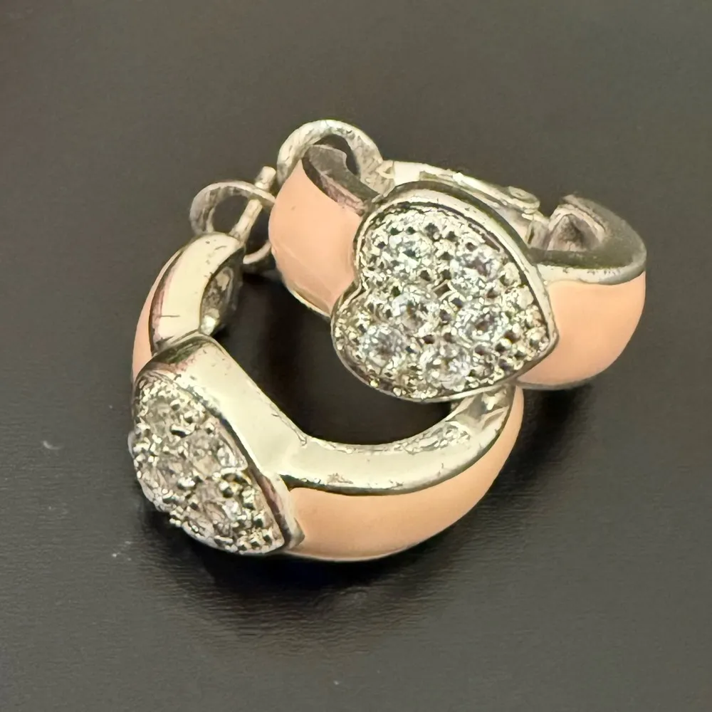 925 Silver Pave Crystal Heart Peach Enameled Small Hoop Huggie Earrings 8g. Pink - Image 4