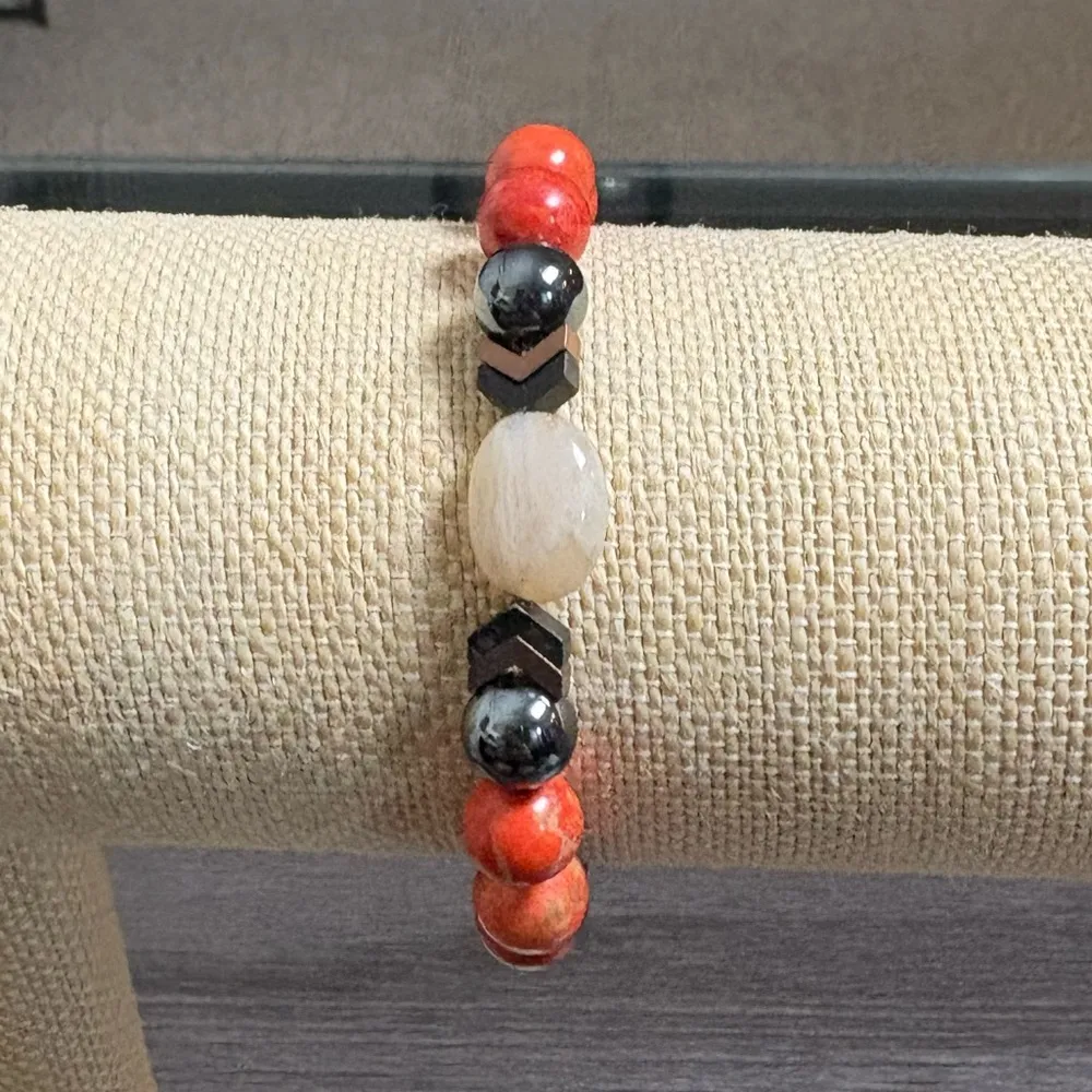 Rustic Cuff Red Jasper Hematite Bead Bracelet - Image 4