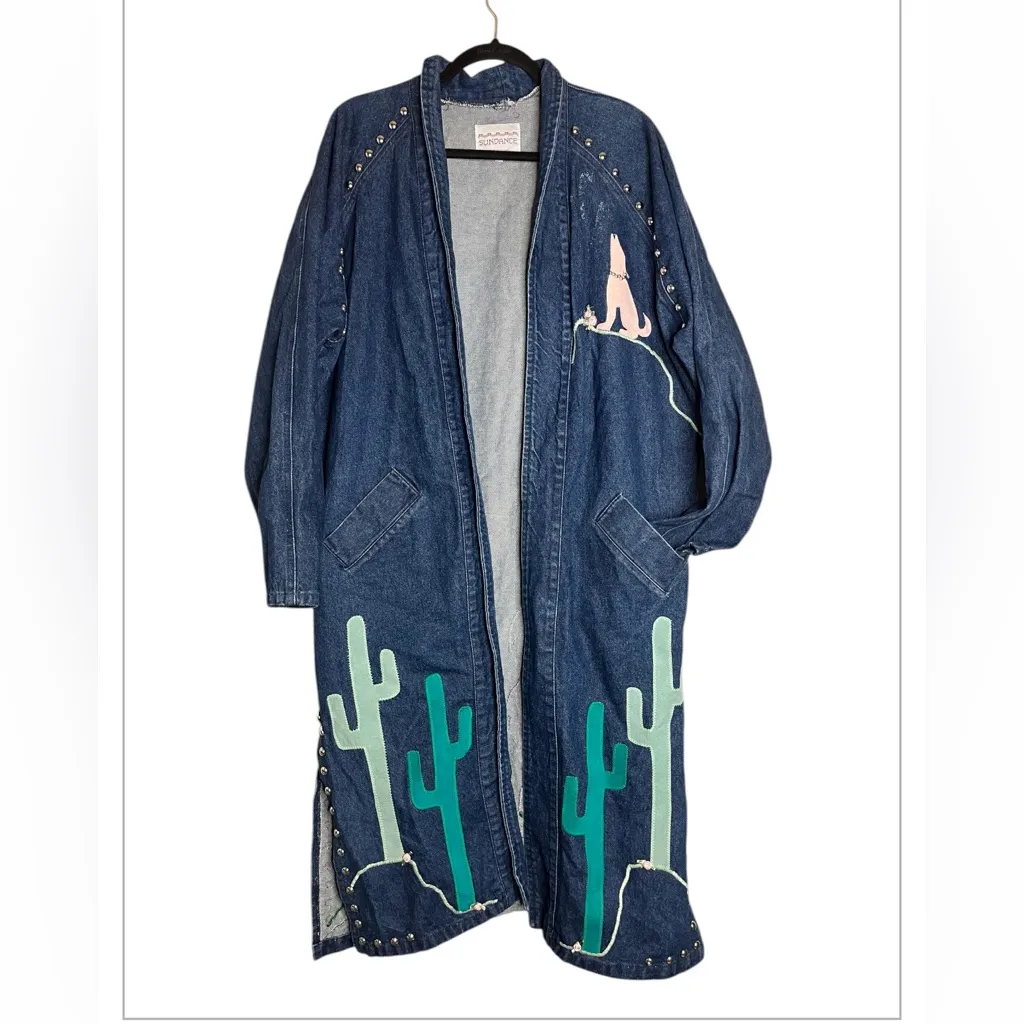 Rare vintage western Sundance denim duster coat cactus and chayote designs SZ M Blue Size M - Image 3