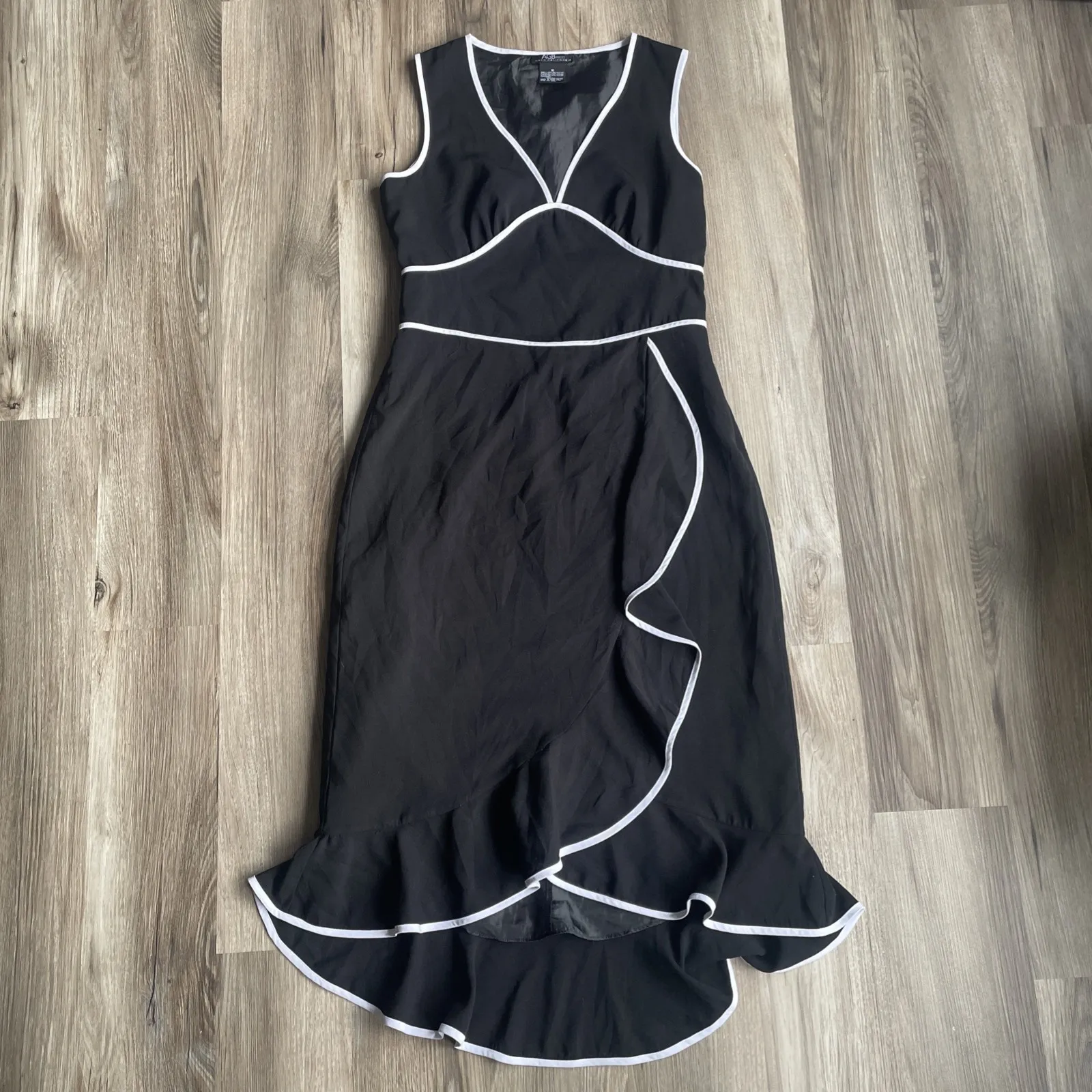 Vintage AGB Ruffle Dress Black Sleeveless Old Money V Neck Empire Size 10 Luxury - Image 2