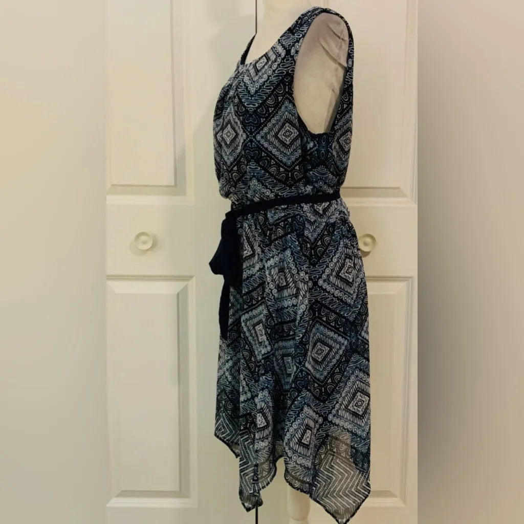 AB Studio Blue Print Sleeveless Belted Defined Waist Knee Length Dress M - Image 5