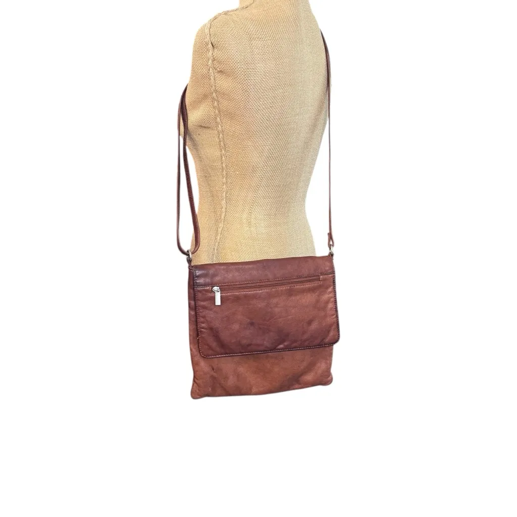 Vera Pelle Made in Italy Brown Leather‎ Crossbody Bag Flap Zip Pockets - Image 2