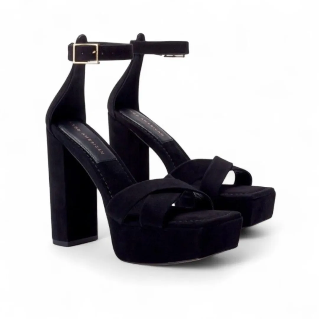 Good American Platform Block Heel Black Suede Ankle Strap Chunky Sandal 10.5 NEW - Image 3