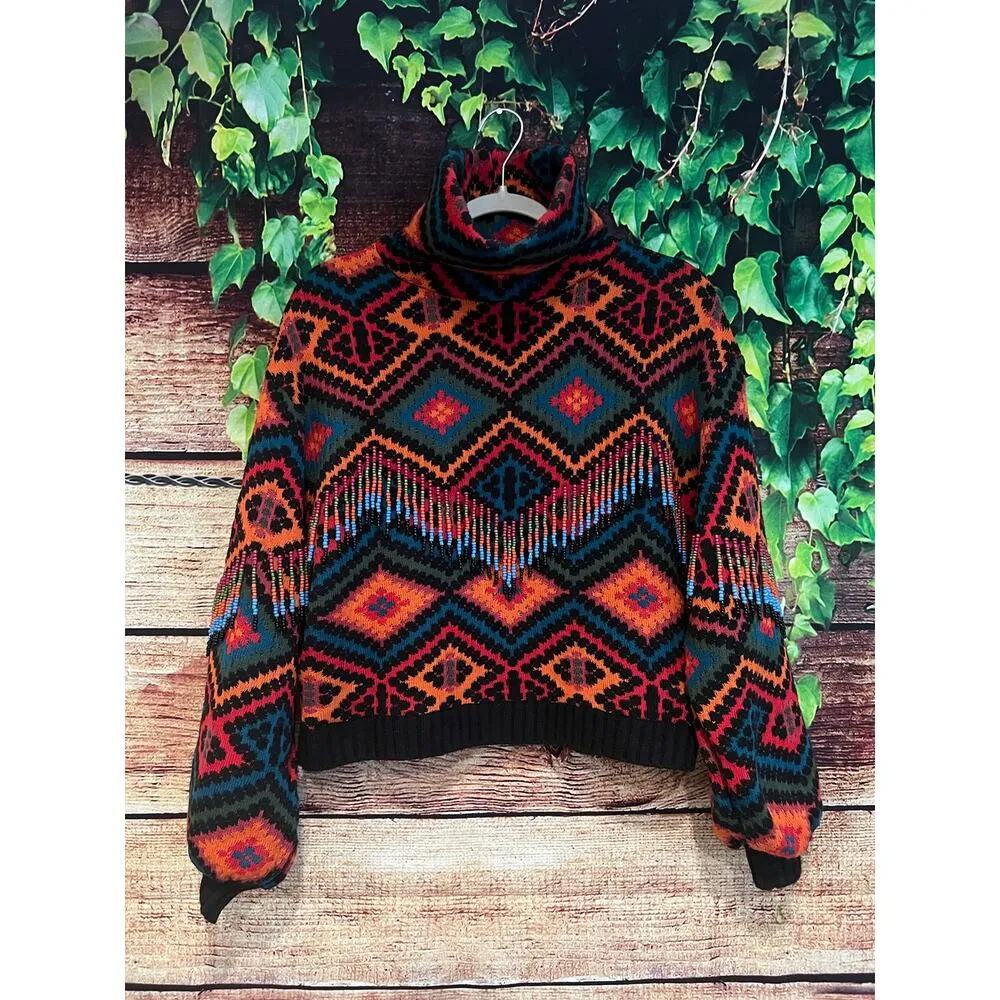 Farm Rio Rauti Beaded Sweater Small Turtleneck Aztec Knit Tassel Multicolor Top - Image 7