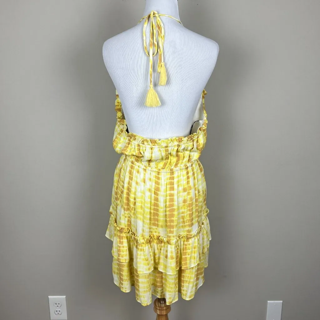 Revolve Majorelle Baker Mini Dress Medium‎ Yellow Tie Dye Halter Tiered Ruffle M - Image 8