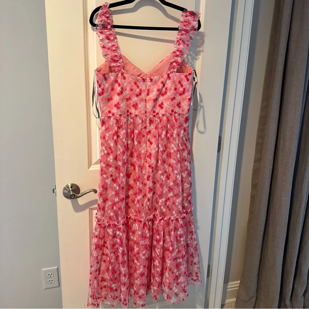 ML Monique Lhuillier Floral Embroidered Mesh Pink & White Midi Dress | Size 10 - Image 9