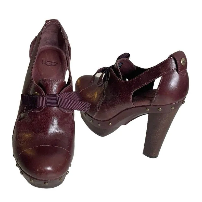 UGG Celestina Brown Shoes Leather Wood Studded Shearling Footbed Womens Size 6 - Image 9